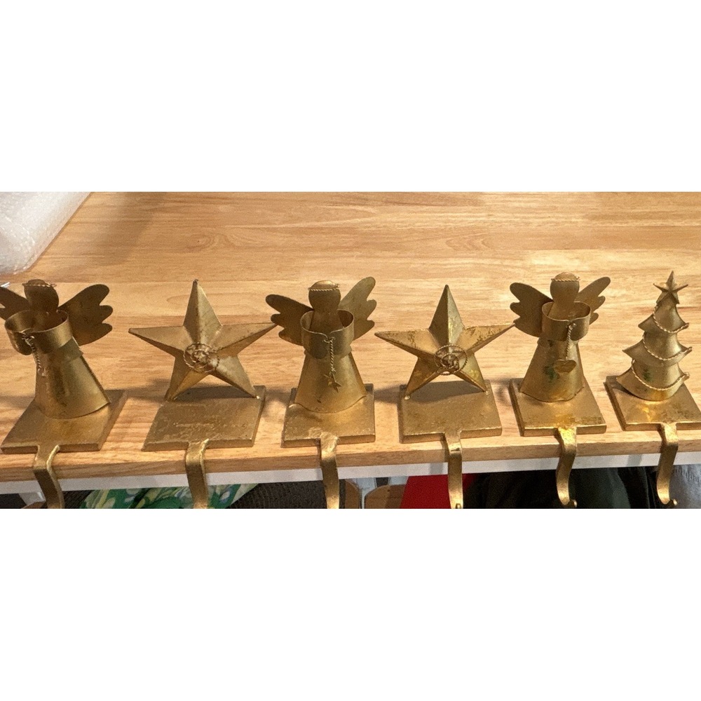 Gold Heavy Metal Christmas Stocking Hanger Hooks Set of 6 Angel Star Tree Solid